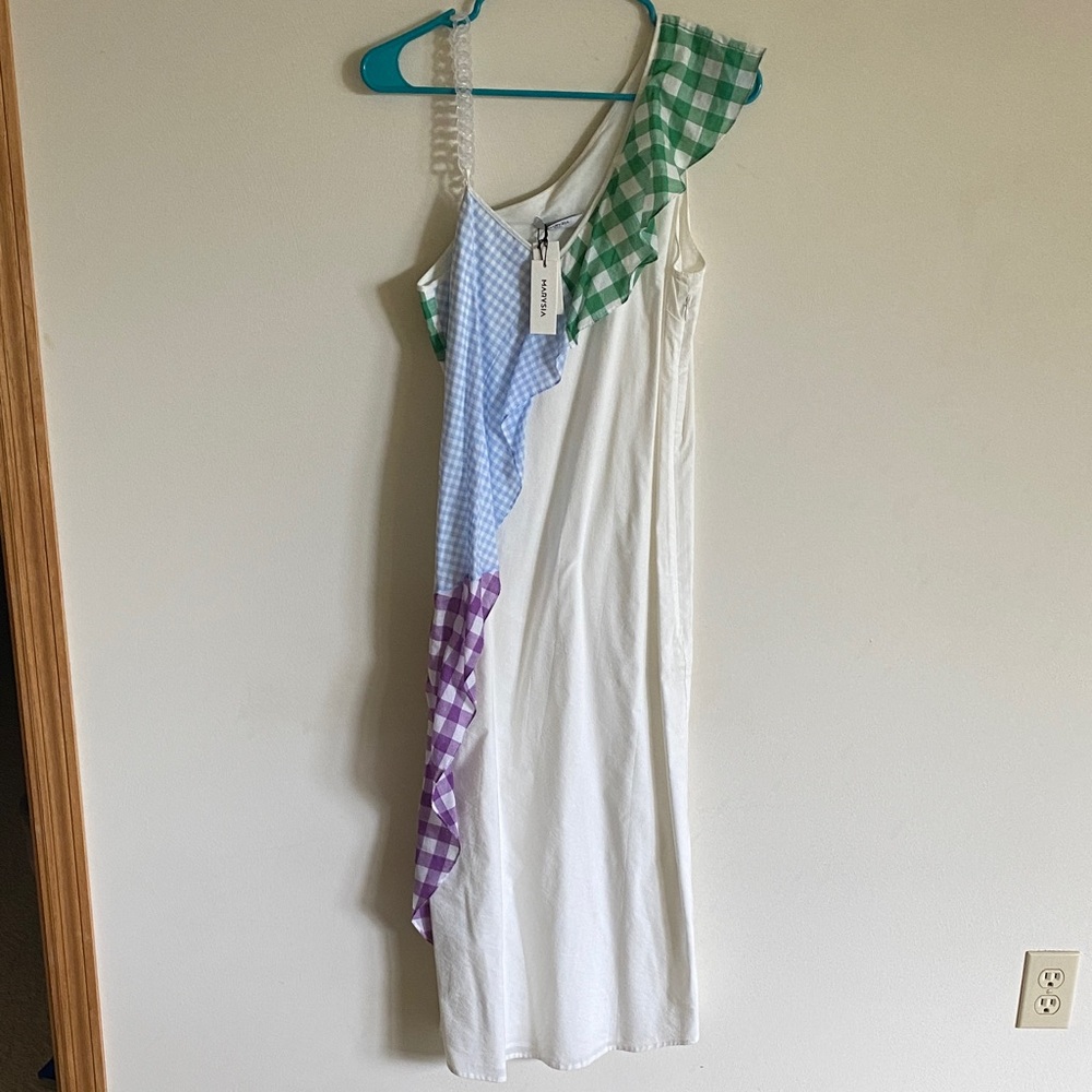 White Midi Dress with Multicolor Gingham Ruffle L:48.5 B:17